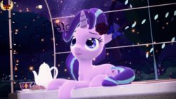 Size: 3840x2160 | Tagged: safe, artist:loveslove, starlight glimmer, butterfly, pony, unicorn, g4, 3d, book, commission, cookie, cute, female, flower, flower in hair, food, forest, glimmerbetes, high res, looking up, mare, night, open mouth, sitting, solo, stars, tea