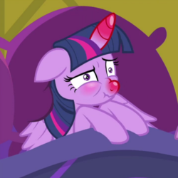 Size: 2289x2289 | Tagged: safe, screencap, twilight sparkle, alicorn, pony, ail-icorn, g4, interseason shorts, bed, cropped, female, high res, horn, mare, red nosed, scrunchy face, sick, sicklight sparkle, swollen horn, twilight sparkle (alicorn)