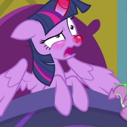 Size: 1024x1024 | Tagged: safe, screencap, spike, twilight sparkle, alicorn, dragon, pony, ail-icorn, g4, interseason shorts, bed, blushing, faic, female, horn, mare, pre sneeze, red nosed, sicklight sparkle, solo, swollen horn, twilight sparkle (alicorn), winged spike, wings