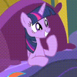 Size: 299x300 | Tagged: safe, screencap, rainbow dash, twilight sparkle, alicorn, pegasus, pony, ail-icorn, g4, interseason shorts, :c, age regression, animated, babality, baby, babylight sparkle, bed, cropped, cute, female, foal, frown, gif, grin, mare, needs more jpeg, nose wrinkle, scrunchy face, sitting, smiling, solo focus, spread wings, squee, twiabetes, twilight sparkle (alicorn), wide eyes, wings, younger