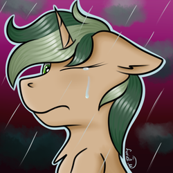 Size: 599x599 | Tagged: safe, artist:luriel maelstrom, oc, oc only, oc:cotton, pony, unicorn, abstract background, bust, cloud, crying, frown, looking at you, one eye closed, portrait, rain, signature, solo, teary eyes, two toned mane