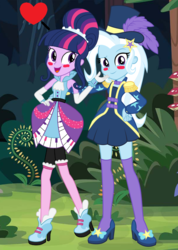 Size: 604x850 | Tagged: safe, artist:mixiepie, artist:themexicanpunisher, edit, trixie, twilight sparkle, equestria girls, equestria girls series, friendship through the ages, g4, my little pony equestria girls: rainbow rocks, street magic with trixie, spoiler:eqg series (season 2), clothes, female, lesbian, piano dress, ship:twixie, shipping