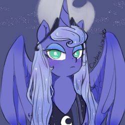Size: 512x512 | Tagged: safe, artist:co2, princess luna, pony, g4, crown, ethereal mane, female, jewelry, lidded eyes, looking at you, moon, night, night sky, peytral, pixiv, regalia, s1 luna, sky, solo, starry mane