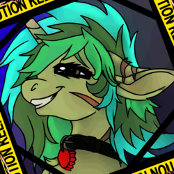 Size: 1563x1563 | Tagged: safe, artist:brainiac, oc, oc only, oc:piper, pony, fallout equestria, barbed wire, caution tape, chest fluff, collar, floppy ears, pet play, raider, scar, solo