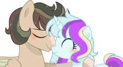 Size: 1024x563 | Tagged: dead source, safe, artist:moon-rose-rosie, oc, oc only, oc:blue thunder (moon-rose-rosie), oc:magenta star, pegasus, pony, unicorn, duo, eyes closed, female, male, mare, nose wrinkle, nuzzling, simple background, stallion, transparent background