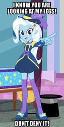 Size: 509x1002 | Tagged: safe, edit, edited screencap, screencap, trixie, equestria girls, g4, my little pony equestria girls: better together, street magic with trixie, caption, clothes, cropped, feet, female, fourth wall, fourth wall break, hat, high heels, image macro, leg focus, legs, looking at you, meme, pointing, pointing at you, shoes, skirt, socks, text, thigh highs, top hat, zettai ryouiki