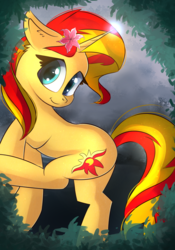 Size: 1581x2263 | Tagged: safe, artist:autumnvoyage, sunset shimmer, pony, unicorn, g4, female, flower, flower in hair, looking at you, mare, raised leg, smiling, solo, turned head