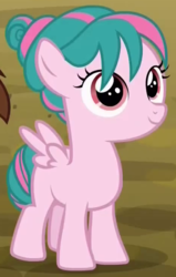 Size: 468x738 | Tagged: safe, screencap, pipsqueak, tulip swirl, earth pony, pegasus, pony, g4, marks and recreation, female, filly, looking up, smiling, solo