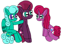 Size: 1526x1080 | Tagged: safe, artist:徐詩珮, fizzlepop berrytwist, glitter drops, tempest shadow, oc, oc:betty pop, alicorn, pony, unicorn, g4, alicornified, eye scar, family, female, lesbian, magical lesbian spawn, mare, mother and daughter, next generation, offspring, parent:glitter drops, parent:tempest shadow, parents:glittershadow, race swap, scar, ship:glittershadow, shipping, simple background, transparent background