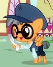 Size: 170x215 | Tagged: safe, screencap, breaking news (character), tiny times, pegasus, pony, daring done?, g4, colt, foal, glasses, male, newspaper, solo