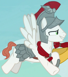 Size: 715x815 | Tagged: safe, screencap, albus, flash magnus, pegasus, pony, campfire tales, g4, background pony, cropped, flying, helmet, male, royal legion, solo focus, stallion