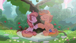 Size: 800x450 | Tagged: safe, artist:askometa, artist:brutalweather studio, oc, oc only, butterfly, earth pony, pegasus, pony, animated, bush, cloud, commission, eyes closed, female, floppy ears, flower, freckles, gif, grass, heart, holiday, kissing, loop, male, mare, show accurate, sky, stallion, tree, valentine's day, ych result