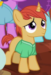 Size: 380x560 | Tagged: safe, screencap, cinnamon tea, pony, unicorn, campfire tales, g4, background pony, clothes, colt, cropped, curved horn, horn, looking up, male, solo focus