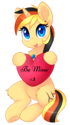 Size: 1504x2661 | Tagged: safe, artist:scarlet-spectrum, oc, oc only, oc:amber bit, pony, unicorn, :p, be mine, choker, female, heart, holiday, hoof hold, leg fluff, looking at you, mare, neck fluff, silly, simple background, sitting, solo, tongue out, transparent background, underhoof, valentine's day, ych result
