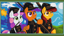 Size: 3840x2160 | Tagged: safe, artist:daugllion, apple bloom, scootaloo, sweetie belle, earth pony, pony, g4, cutie mark crusaders, flag of equestria, high res, minecraft, minecraft pixel art, pixel art, pixelcanvas