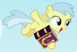 Size: 400x270 | Tagged: safe, screencap, lemon cirrus, pegasus, pony, fame and misfortune, g4, background pony, book, cropped, female, filly, flying, foal, open mouth, solo