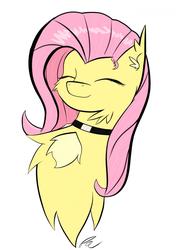 Size: 1200x1705 | Tagged: safe, artist:flutterpriest, fluttershy, oc, oc:flutterpriest, pegasus, pony, g4, bust, chest fluff, choker, chokershy, eyes closed, signature, simple background, smiling, solo, white background