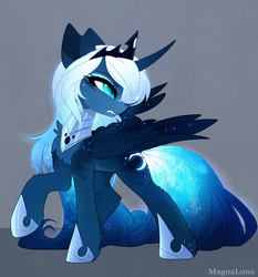 Size: 3157x3392 | Tagged: safe, artist:magnaluna, princess luna, alicorn, pony, g4, alternate design, angry, badass, chest fluff, curved horn, ear fluff, ethereal mane, eyeshadow, fangs, female, floppy ears, frown, glare, glowing, glowing cutie mark, glowing mane, glowing tail, gray background, gritted teeth, high res, hoof fluff, horn, jewelry, leg fluff, looking back, makeup, mare, nightmare luna, raised hoof, regalia, shoulder fluff, simple background, slit pupils, solo, sparkles, starry mane, wing fluff