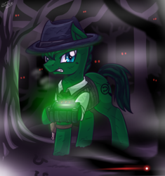 Size: 938x1000 | Tagged: safe, artist:vavacung, oc, oc only, oc:private i, earth pony, pony, fallout equestria, earth pony oc, forest, hat, pipbuck, solo