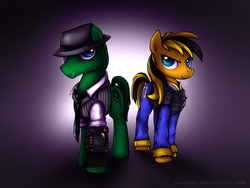Size: 1280x960 | Tagged: safe, artist:zoarvek, oc, oc:private i, oc:yellow jacket, earth pony, pony, fallout equestria, fanfic art, gradient background, hat, necktie, pipbuck
