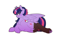 Size: 1280x811 | Tagged: safe, artist:liefsong, twilight sparkle, alicorn, pony, g4, bedroom eyes, belly button, blushing, chest fluff, clothes, lying down, on side, princess, socks, stockings, thigh highs, twilight sparkle (alicorn)