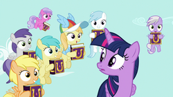 Size: 1280x720 | Tagged: safe, screencap, cotton cloudy, mango dash, noi, pinkie feather, rainy feather, sweet pop, tornado bolt, twilight sparkle, alicorn, pegasus, pony, fame and misfortune, g4, animation error, book, clothes, female, filly, flying, foal, grin, hat, hoof hold, hurricane storm, mare, shirt, smiling, t-shirt, twilight sparkle (alicorn)