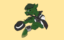 Size: 1920x1200 | Tagged: safe, artist:cold blight, oc, oc only, oc:private i, earth pony, pony, fallout equestria, blood, clothes, earth pony oc, hat, mouth hold, necktie, pipbuck, prone, scar, simple background, solo, yellow background