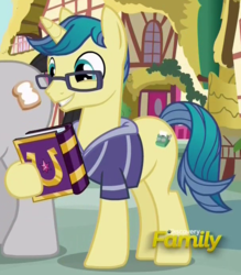 Size: 608x695 | Tagged: safe, screencap, butter up, first edition, pony, fame and misfortune, g4, background pony, book, discovery family logo, male, name suggestion in the comments, stallion