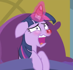 Size: 1472x1418 | Tagged: safe, screencap, twilight sparkle, alicorn, pony, ail-icorn, g4, interseason shorts, bed, blushing, female, horn, mare, nostril flare, nostrils, pre sneeze, red nosed, sick, sicklight sparkle, sneezing, solo, swollen horn, tongue out, twilight sparkle (alicorn)