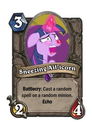 Size: 720x960 | Tagged: safe, screencap, twilight sparkle, alicorn, pony, ail-icorn, g4, interseason shorts, card, hearthstone, nostril flare, nostrils, pre sneeze, red nosed, sick, sicklight sparkle, sneezing, tongue out, twilight sparkle (alicorn), warcraft