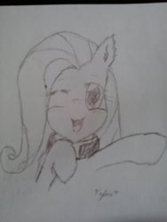 Size: 1536x2048 | Tagged: safe, artist:flutterpriest, fluttershy, oc, oc:flutterpriest, pegasus, pony, g4, bust, choker, chokershy, lineart, looking at you, one eye closed, signature, smiling, traditional art, wink, winking at you