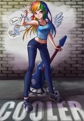 Size: 762x1100 | Tagged: safe, artist:the-park, rainbow dash, human, pegasus, pony, g4, armpits, bra strap, clothes, cloud, converse, cutie mark on clothes, devil horn (gesture), female, graffiti, guitar, guitar pick, humanized, jeans, looking at you, midriff, musical instrument, painting, pants, rock (music), shoes, solo, sunglasses, tank top