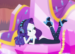 Size: 1496x1077 | Tagged: safe, screencap, rarity, equestria girls, g4, my little pony equestria girls: better together, the other side, bare shoulders, bodysuit, clothes, female, headphones, high heels, shoes, sleeveless, smiling, solo, strapless, unitard