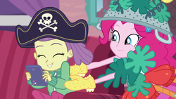 Size: 1920x1080 | Tagged: safe, screencap, lily pad (g4), pinkie pie, crab, equestria girls, g4, my little pony equestria girls: better together, pinkie sitting, animal costume, clothes, costume, cute, hat, pirate hat, tickling, young