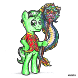 Size: 2476x2476 | Tagged: safe, artist:cakonde, oc, oc only, dragon, pony, unicorn, bipedal, cheongsam, chinese new year, chinese new year 2019, clothes, high res, looking at you, male, shadow, simple background, smiling, solo, stallion, standing, stick, tail, traditional art, white background