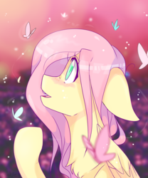 Size: 2893x3483 | Tagged: safe, artist:cookietasticx3, fluttershy, butterfly, pegasus, pony, g4, amazed, blushing, bust, chest fluff, female, floppy ears, high res, looking at something, looking up, mare, open mouth, profile, raised hoof, solo