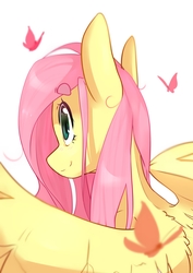Size: 2893x4092 | Tagged: safe, artist:cookietasticx3, fluttershy, butterfly, pegasus, pony, g4, beanbrows, eyebrows, female, mare, rear view, sidemouth, simple background, smiling, solo, spread wings, stray strand, three quarter view, white background, wings