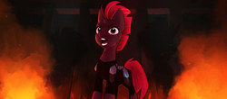 Size: 3496x1544 | Tagged: safe, artist:cookietasticx3, tempest shadow, pony, unicorn, g4, my little pony: the movie, armor, broken horn, female, fire, horn, mare, open mouth, open up your eyes, scene interpretation, solo