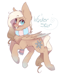 Size: 805x1005 | Tagged: safe, artist:cookietasticx3, oc, oc only, oc:winter star, pegasus, pony, big ears, blushing, clothes, cutie mark, ear piercing, earring, female, grin, jewelry, mare, pegasus oc, piercing, raised eyebrow, scarf, simple background, smiling, snow, snowflake, solo, transparent background