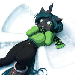 Size: 4000x4000 | Tagged: safe, artist:ohemo, queen chrysalis, changeling, changeling queen, anthro, unguligrade anthro, g4, absurd resolution, belt, blushing, clothes, cute, cute little fangs, cutealis, fangs, female, hoof boots, looking at you, open mouth, pants, scarf, smiling, snow, snow angel, solo, winter outfit