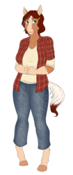 Size: 1392x3300 | Tagged: safe, artist:blackblood-queen, oc, oc only, oc:honeycrisp meadow, earth pony, anthro, unguligrade anthro, anthro oc, breasts, clothes, commission, female, jewelry, mare, mother, necklace, pants, plaid shirt, shirt, signature, simple background, smiling, transparent background