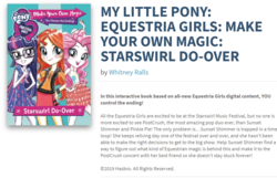 Size: 1303x838 | Tagged: safe, artist:ritalux, pinkie pie, sci-twi, sunset shimmer, twilight sparkle, equestria girls, g4, my little pony equestria girls: better together, my little pony: equestria girls: make your own magic: starswirl do-over, official, book, cyoa, equestria girls logo, music festival, postcrush, starswirl music festival