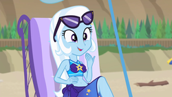 Size: 1920x1080 | Tagged: safe, screencap, trixie, equestria girls, equestria girls specials, g4, my little pony equestria girls: better together, my little pony equestria girls: forgotten friendship, beach chair, belly button, chair, clothes, cute, diatrixes, female, midriff, solo, sunglasses, swimsuit