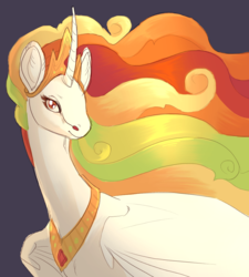 Size: 900x1000 | Tagged: safe, artist:jayrockin, princess celestia, alicorn, pony, tiny sapient ungulates, g4, alternate design, alternate hairstyle, chest fluff, collar, crown, curved horn, ear fluff, ethereal mane, female, flowing mane, fluffy, gray background, horn, jewelry, lidded eyes, looking at you, mare, neck fluff, necklace, regalia, simple background, smiling, solo, tiara, wing fluff