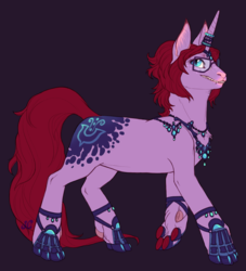 Size: 1131x1248 | Tagged: safe, artist:jayrockin, oc, oc only, pony, unicorn, tiny sapient ungulates, bracelet, chest fluff, dark background, fangs, female, finger hooves, fluffy, freckles, glasses, grin, hoof fluff, horn jewelry, horn ring, jewelry, looking up, mare, neck fluff, necklace, purple background, raised hoof, simple background, slit pupils, smiling, solo