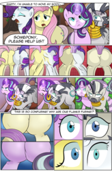 Size: 1800x2740 | Tagged: safe, artist:candyclumsy, fluttershy, rarity, starlight glimmer, oc, oc:charitable nature, oc:voodoo charms, pegasus, pony, unicorn, zebra, comic:a step backward's, comic:fusing the fusions, g4, aroused, body horror, butt, comic, commission, commissioner:bigonionbean, confused, conjoined, dialogue, female, flank, flustered, fused, fusion, fusion:fluttershy, fusion:rarity, fusion:starlight glimmer, fusion:zecora, here we go again, huge butt, jiggle, large butt, mare, meme, merge, merging, panic, plot, scared, shocked, swollen, the ass was fat, wide hips, writer:bigonionbean, wtf, zebra butt
