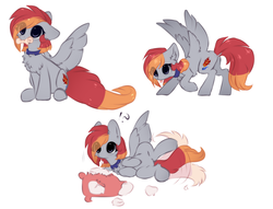 Size: 1696x1296 | Tagged: dead source, safe, artist:php146, oc, oc only, oc:arian blaze, pegasus, pony, behaving like a dog, bone, chest fluff, chibi, collar, eye clipping through hair, feather, female, mare, mouth hold, on back, pillow, pony pet, simple background, solo, tail wag, tongue out, white background