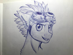 Size: 1024x768 | Tagged: safe, artist:tillie-tmb, oc, oc only, oc:cirrus sky, pony, bust, goggles, male, monochrome, portrait, sketch, solo, stallion, traditional art