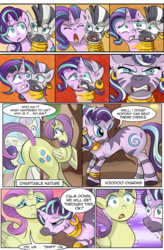 Size: 1800x2740 | Tagged: safe, artist:candyclumsy, oc, oc:charitable nature, oc:voodoo charms, hybrid, pony, zebra, zebracorn, comic:a step backward's, comic:fusing the fusions, body horror, butt, comic, commission, commissioner:bigonionbean, conjoined, dialogue, embarrassed, female, flank, flustered, fusion, fusion:fluttershy, fusion:rarity, fusion:starlight glimmer, fusion:zecora, mare, merge, merging, panic, parent:fluttershy, parent:rarity, pegacorn, plot, scared, the ass was fat, wide hips, writer:bigonionbean, wtf