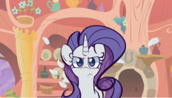 Size: 1280x730 | Tagged: safe, artist:turtlefarminguy, rarity, pony, look before you sleep, angry, feather, female, frown, golden oaks library, looking at you, rarity is not amused, scene interpretation, solo, unamused